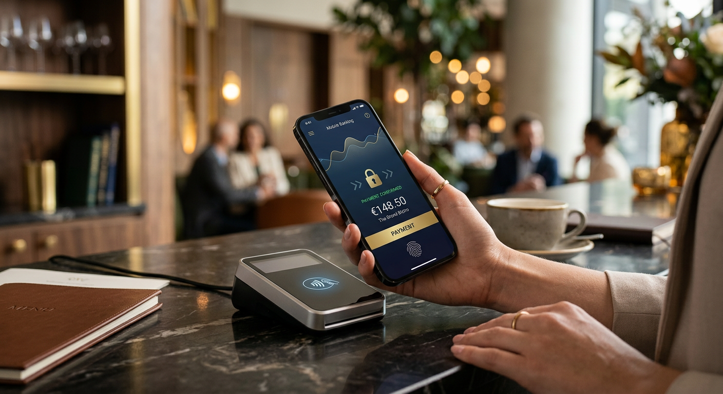 A robotic hand touches a human hand, representing the fusion of AI and human service in modern banking.